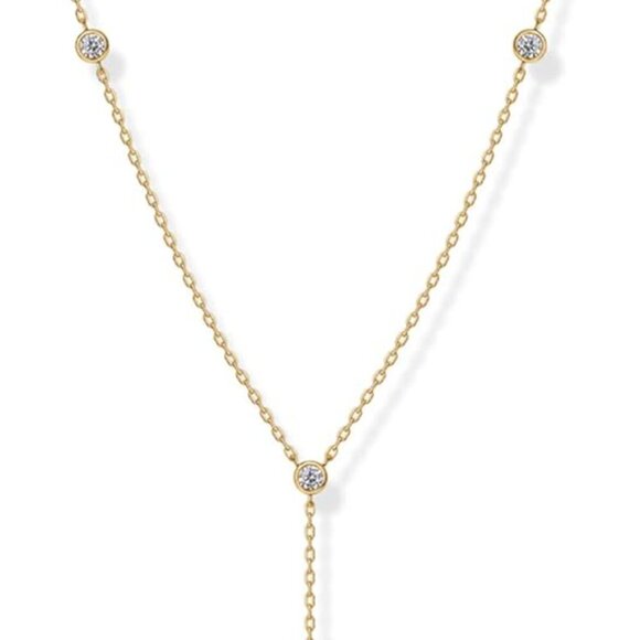 14K Gold Plated Drop Lariat Chain for Women - Gold Cubic Zirconia Long Necklace - Picture 1 of 4